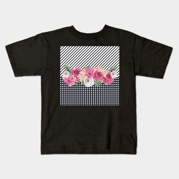 Pink floral Black Gingham / Pink roses / Black Pattern Kids T-Shirt by allthumbs
